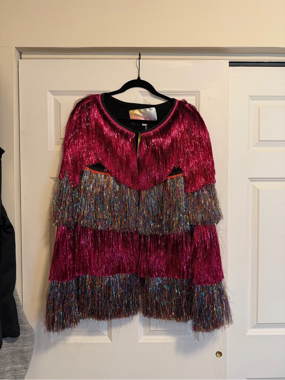 Fringe Studio Metallic Magenta Tiered Fringe Jacket with Multicolor Tinsel